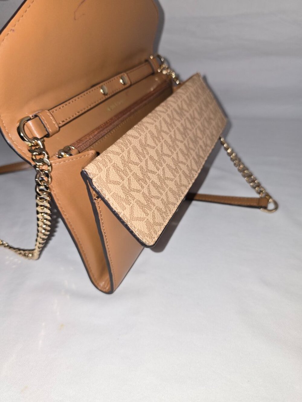 Michael Kors Sloan Medium Brown MK Logo And Leather Chain Link Crossbody Wallet - Picture 10 of 13